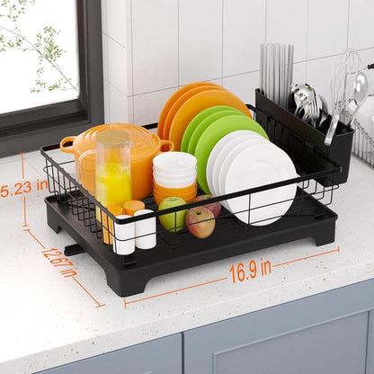 HappyHapi Drying Rack - Durable Dish Rack with Drainboard & Utensil Holder for Kitchen Organization (Black)
