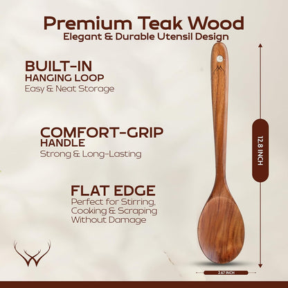 Premium Teak Wooden Spoon - Large Cooking Utensil with 12" Long Handle | Ideal Kitchen Gift Set