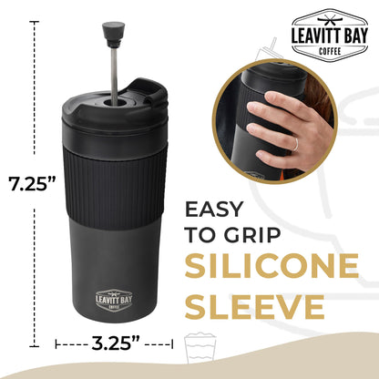 Portable French Press Travel Mug (15oz) - Stainless Steel & Double Wall Vacuum Black Coffee Maker – Single Serve French Press for Travel, Home, Office, or Camping - No Leak Coffee or Tea Press Tumbler