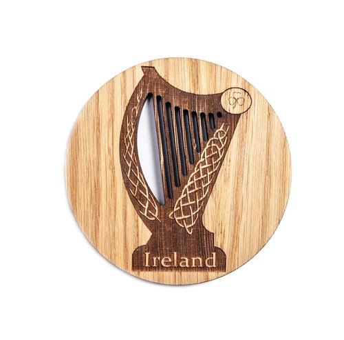 Biddy Murphy Irish Gifts, Oak Drink Coasters Set of 4 with Stand, Etched Designs Include Shamrock, Harp, Celtic Cross, Ireland, Imported, 3.75" Inch Round