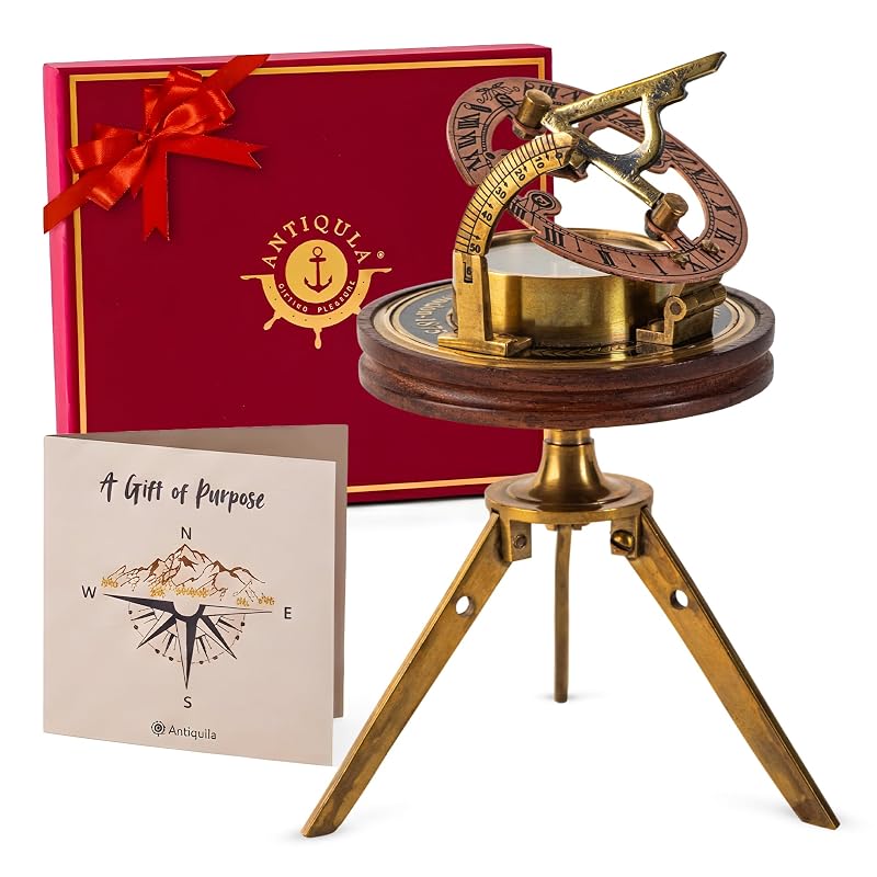 Brass Sundial Compass on Tripod Stand – 3-Inch Vintage Nautical Desk Clock