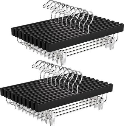 BAGAIL 20-Pack Wooden Pants Hangers - Adjustable Clips & 360° Swivel Hook | Space-Saving Skirt Holders (Black)