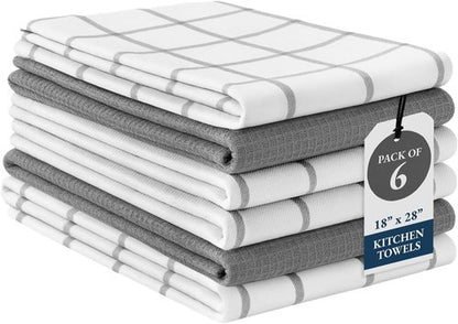 LANE LINEN Cotton Kitchen Towels Set - 6-Pack Absorbent Quick-Drying Dish Cloths, 18" x 28", Soft Grey