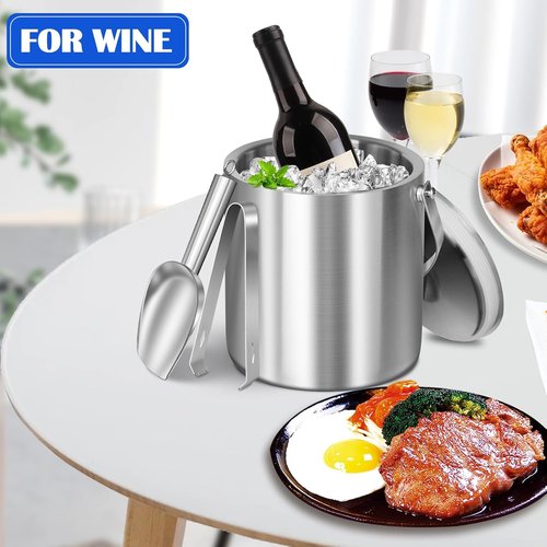 Ice Bucket with Lid & Tong- Well Made Insulated Stainless Steel Keep Ice Frozen Longer - Ideal for Cocktail Bar, Parties, Chilling Wine, Champagne - 2 Liter (Stainless Steel)
