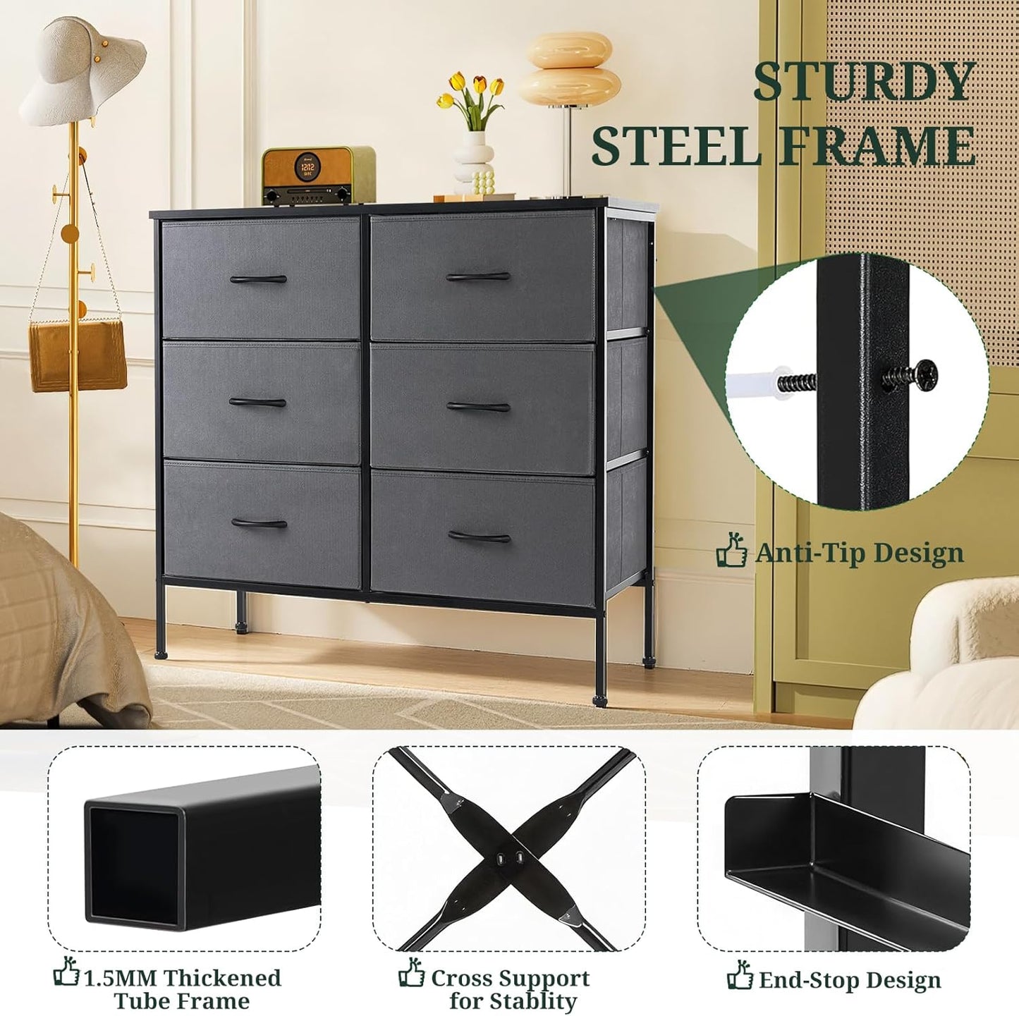 Skiennix 6-Drawer Dresser - Anti-Tip Storage Organizer with Wooden Top & Metal Frame - Gray