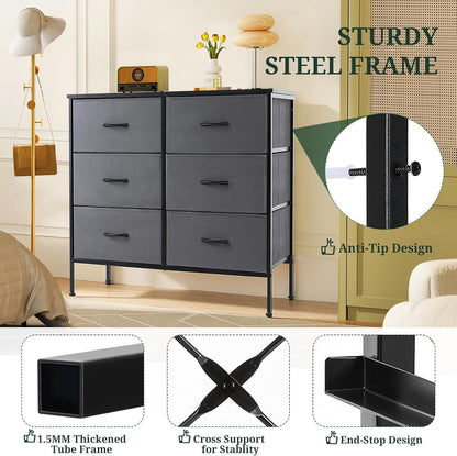 Skiennix 6-Drawer Dresser - Anti-Tip Storage Organizer with Wooden Top & Metal Frame - Gray