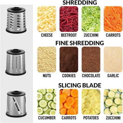 Rotary Cheese Grater - 3-in-1 Shredder with Hand Crank | Non-Slip Suction Base, Food Grade, Black