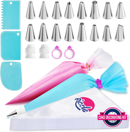 Riccle Cake Decorating Kit - 124 Pcs Piping Bags & Tips Set with 16 Tips, 3 Scrapers & More | 11.8 Inch