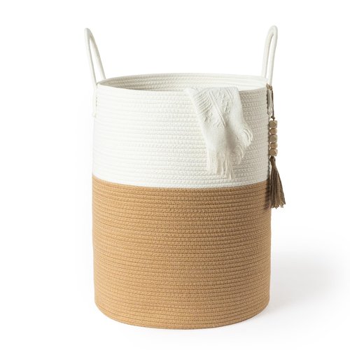 MANYOND Blanket Basket 58L, Woven Laundry Hamper Tall Laundry Basket with Boho Wooden Tassels, Large Cotton Rope Storage Basket for Blankets Pillows Toys, Living Room Nursery Bedroom Decor