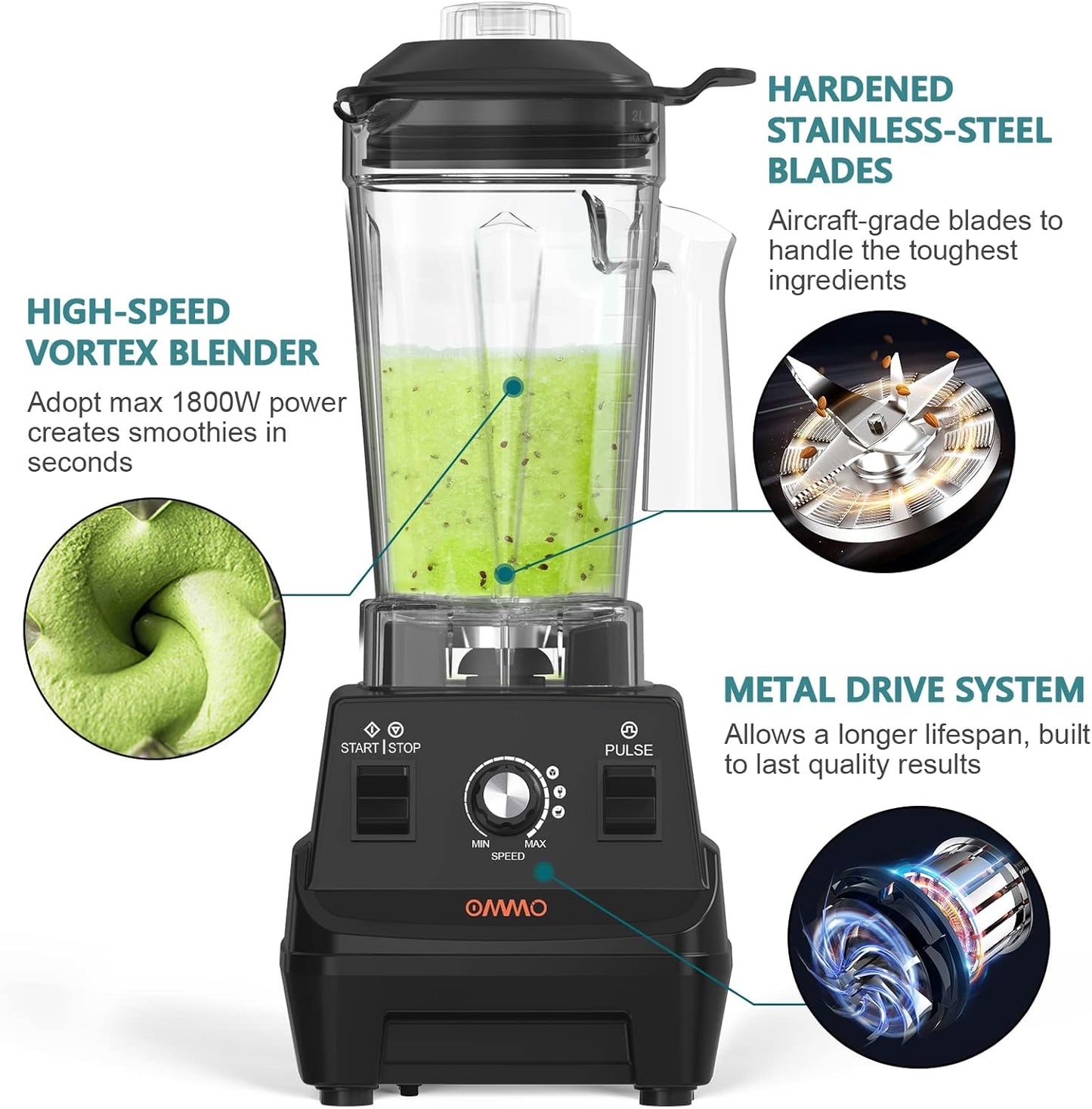OMMO Blender 1800W - Professional High-Speed Countertop Blender with 60oz BPA-Free Jug | Durable Stainless Steel Blades for Smoothies and Shakes