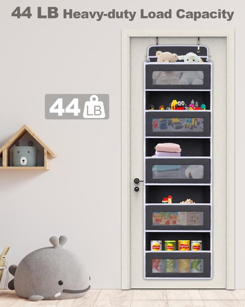 TIDY SAVANT Over The Door Organizer 44LB Capacity with 5 Large Pockets & 10 Mesh Side Pockets, Clear Window Anti-Tilt Hanging Storage for Nursery, Bathroom, Pantry - Dark Grey, 1 Pack