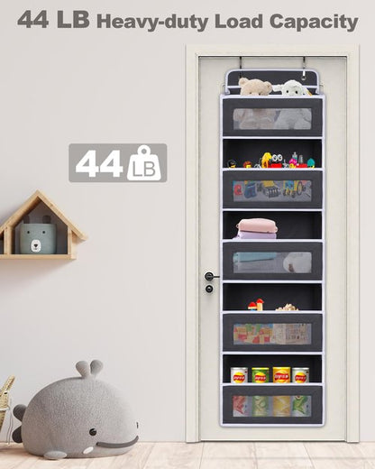 TIDY SAVANT Over The Door Organizer 44LB Capacity with 5 Large Pockets & 10 Mesh Side Pockets, Clear Window Anti-Tilt Hanging Storage for Nursery, Bathroom, Pantry - Dark Grey, 1 Pack