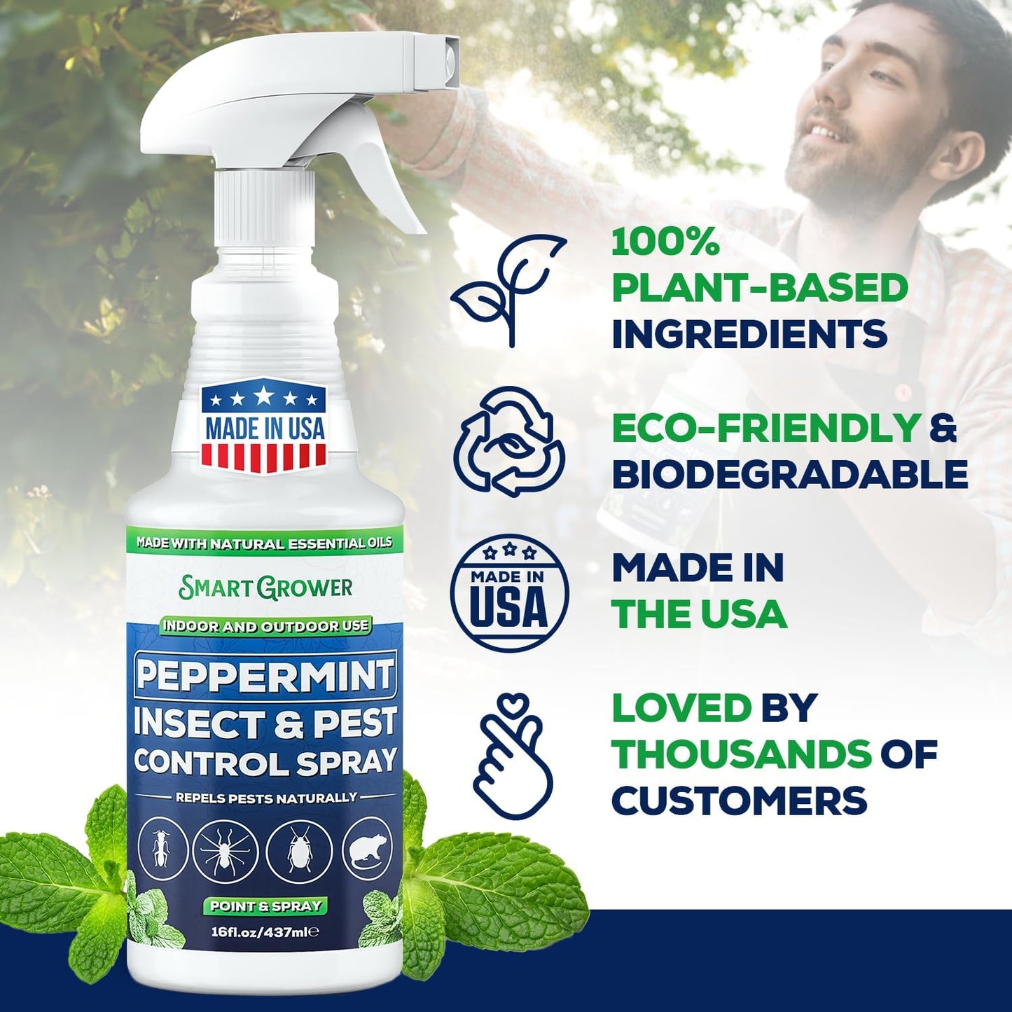 Smart Grower Peppermint Oil Insect & Pest Control Spray - Maximum Strength, 16 FL OZ | Repels Mice, Spiders, Ants