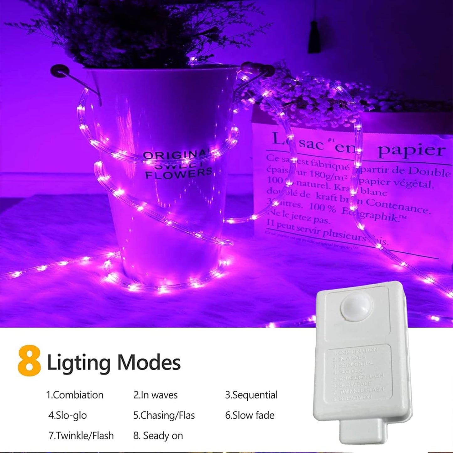Skiennix 100ft LED Rope Lights - Waterproof, Flexible Tube Lighting with 8 Modes | Purple for Garden, Patio, and Party