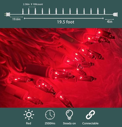 HISHINY Christmas Lights - 100 Count Red String Lights with White Wire | UL Certified, 21 Feet for Indoor/Outdoor Decor
