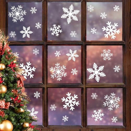 LUDILO Christmas Window Clings - 135 Pcs Snowflake Static Decals for Holiday Decorations