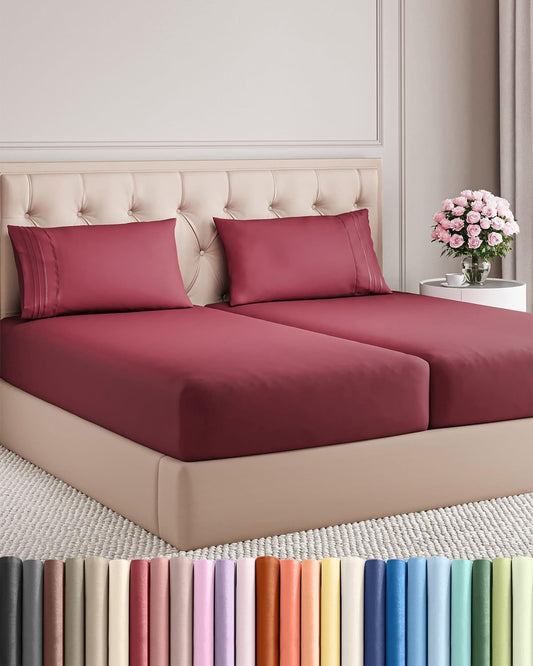 Split King Size 5-Piece Sheet Set | Comfy Breathable Cooling Bed Sheets - Luxury Hotel Quality - Deep Pockets, Soft, Wrinkle-Free - Oeko-Tex Certified - Burgundy