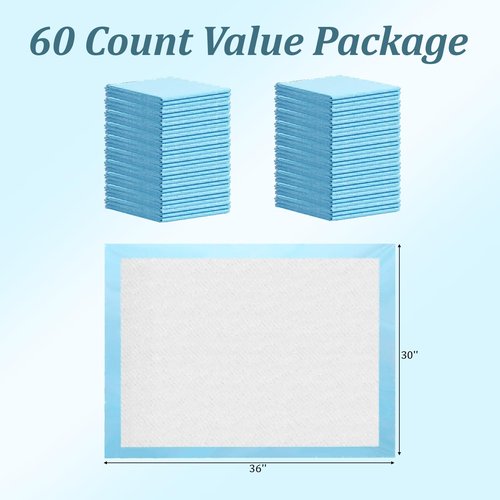 60 Count Disposable Bed Pads 30" x 36" for Adults, Kids & Pets – Super Absorbent Chucks Pads with Waterproof Backing, Leakproof Incontinence Underpads, Soft Non-Woven Top, Bed & Furniture Protection