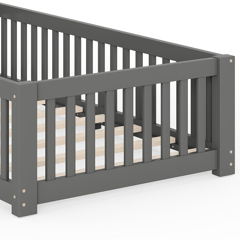 Twin Size Montessori Floor Bed with Door, Fence & Slats – Grey + Twin