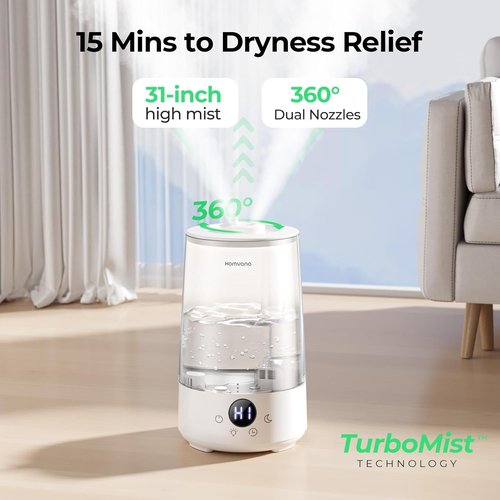 Homvana Humidifiers for Bedroom Home, 3.6 L Cool Mist Top-Fill 34H Super Long Time, Quiet 23dB, Baby Humidifier, Oil Diffuser for Large Room, House, Plant, Nursery, BPA FREE, Ultrasonic (Transparent)