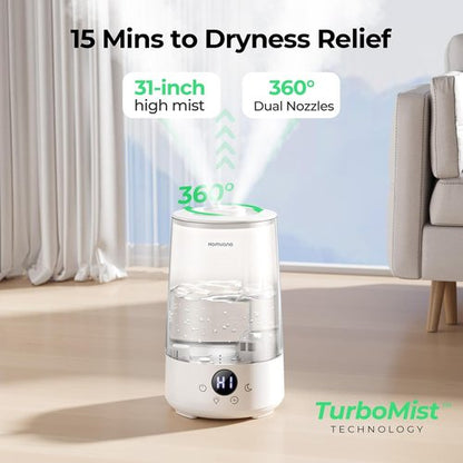 Homvana Humidifiers for Bedroom Home, 3.6 L Cool Mist Top-Fill 34H Super Long Time, Quiet 23dB, Baby Humidifier, Oil Diffuser for Large Room, House, Plant, Nursery, BPA FREE, Ultrasonic (Transparent)