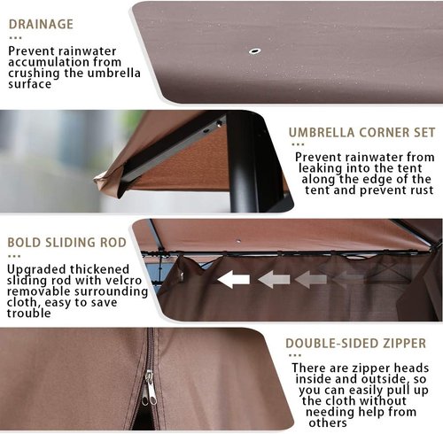 FDW 10'x13' Outdoor Patio Gazebo - Heavy Duty Steel Frame Canopy with Double Roof & Privacy Curtains | Brown