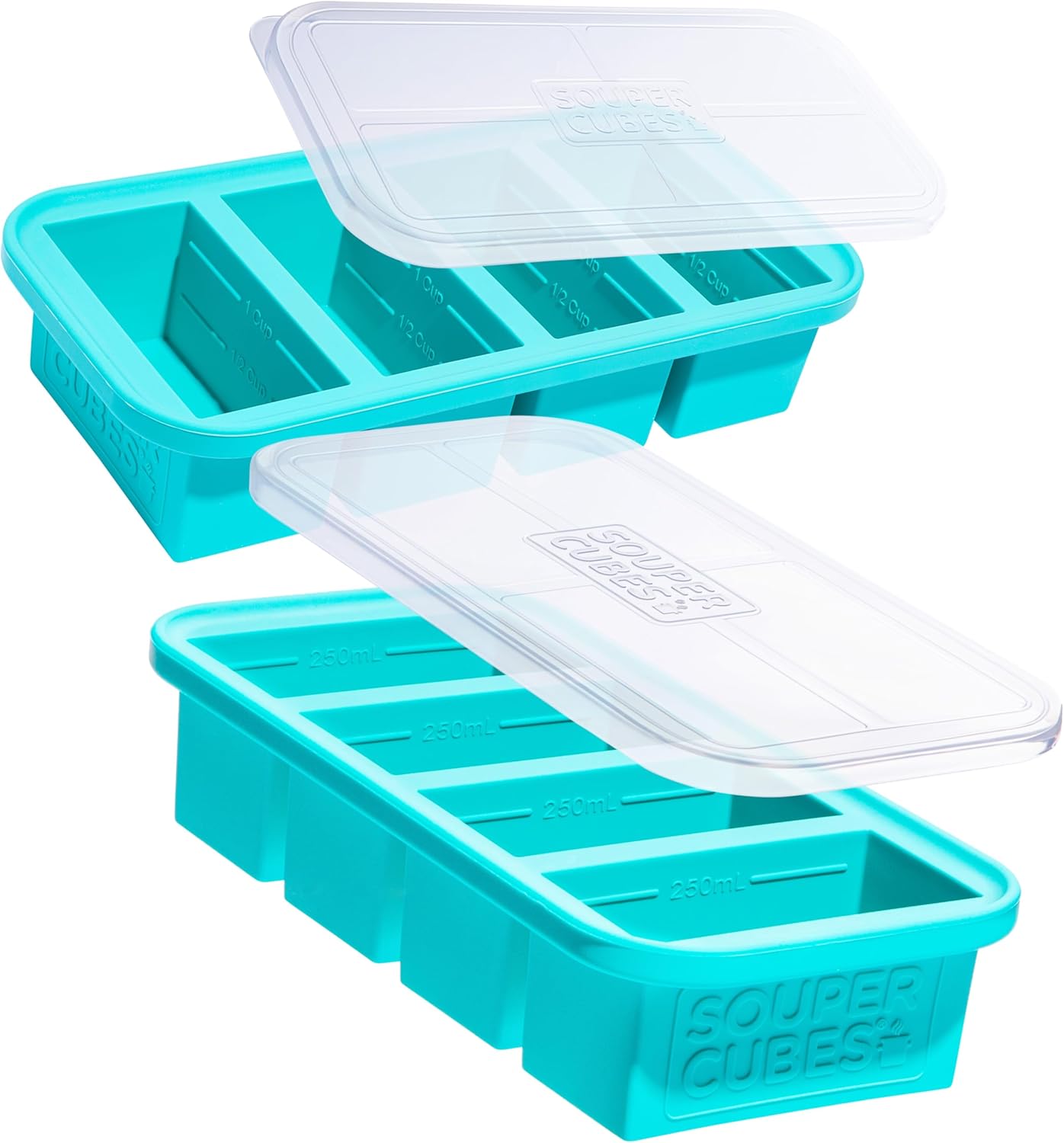 Souper Cubes 1 Cup Silicone Freezer Molds - Steel Reinforced Rim for Easy Meal Prep | Aqua - 2-Pack