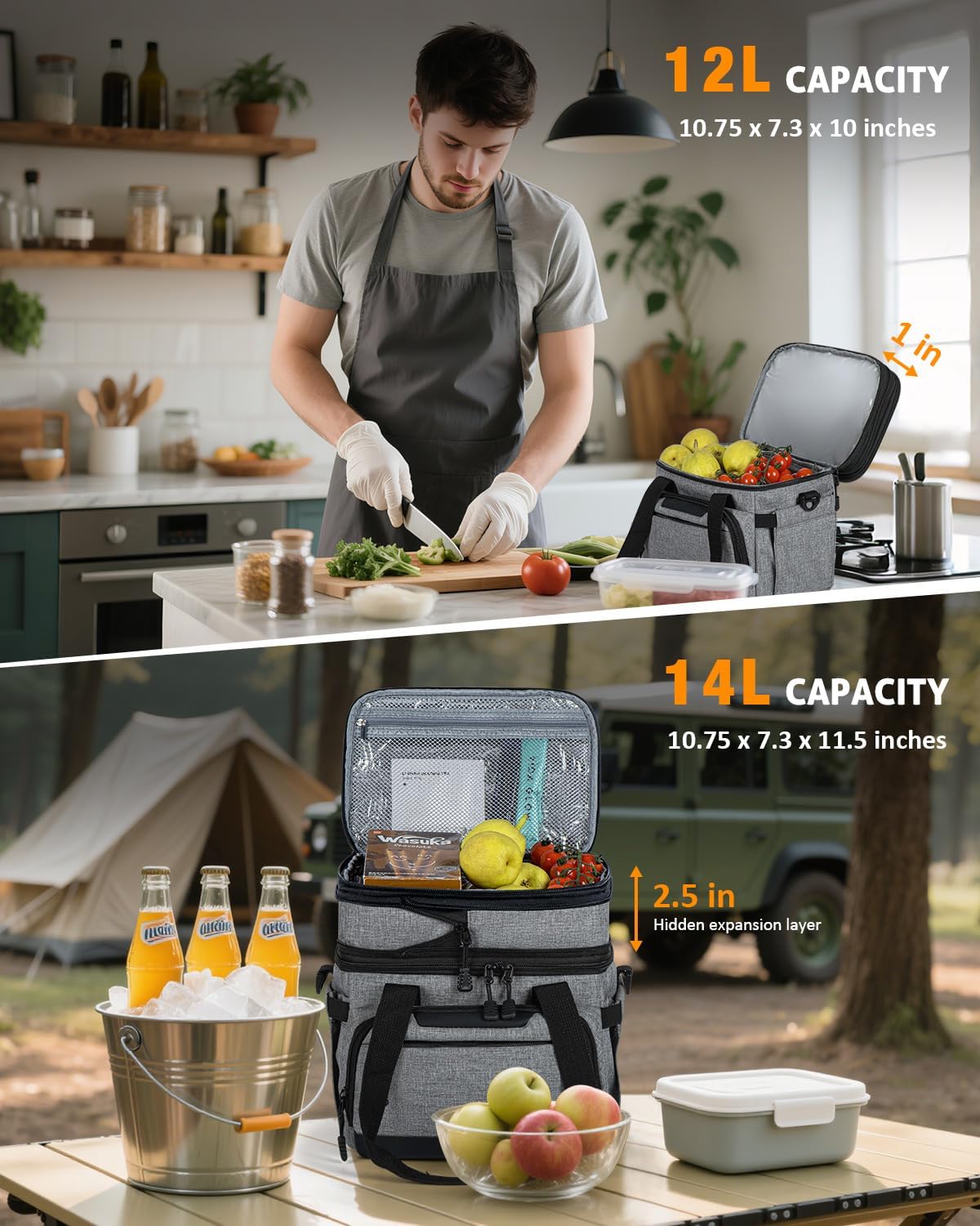 Skiennix Insulated Lunch Box - Dual-Compartment Cooler Bag for Adults | Expandable & Leakproof, Grey 24-Can (14L)