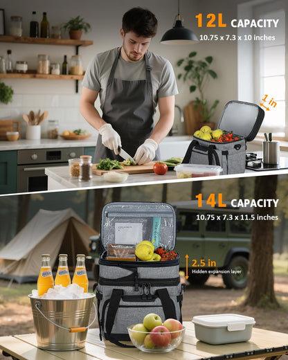 Skiennix Insulated Lunch Box - Dual-Compartment Cooler Bag for Adults | Expandable & Leakproof, Grey 24-Can (14L)