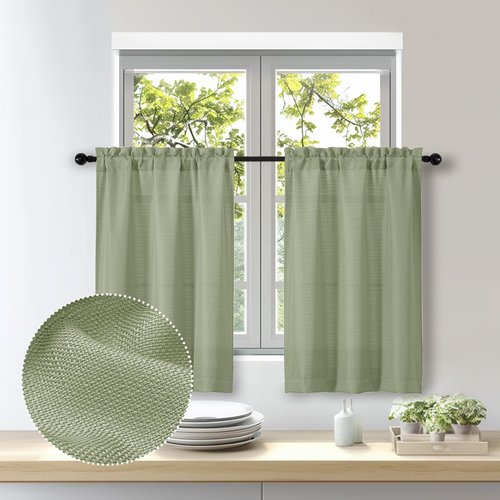 OWENIE Bob 2 Panels Sage Green Kitchen Curtains Sets for Windows 36 Inch Length, Faux Linen Textured Short Cafe Curtains Tiers for Kitchen, Rod Pocket Small Window Drapes for Bathroom, 30Wx36L Inch