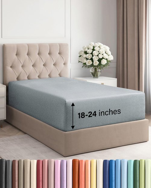 Extra Deep Twin XL Fitted Sheet - Hotel Luxury Single Fitted Sheet Only - Easily Fits 18 inch to 24 inch Mattress - Ultra Soft, Wrinkle Free w/Extra Deep Pockets - Breathable & Comfy - Heathered Blue