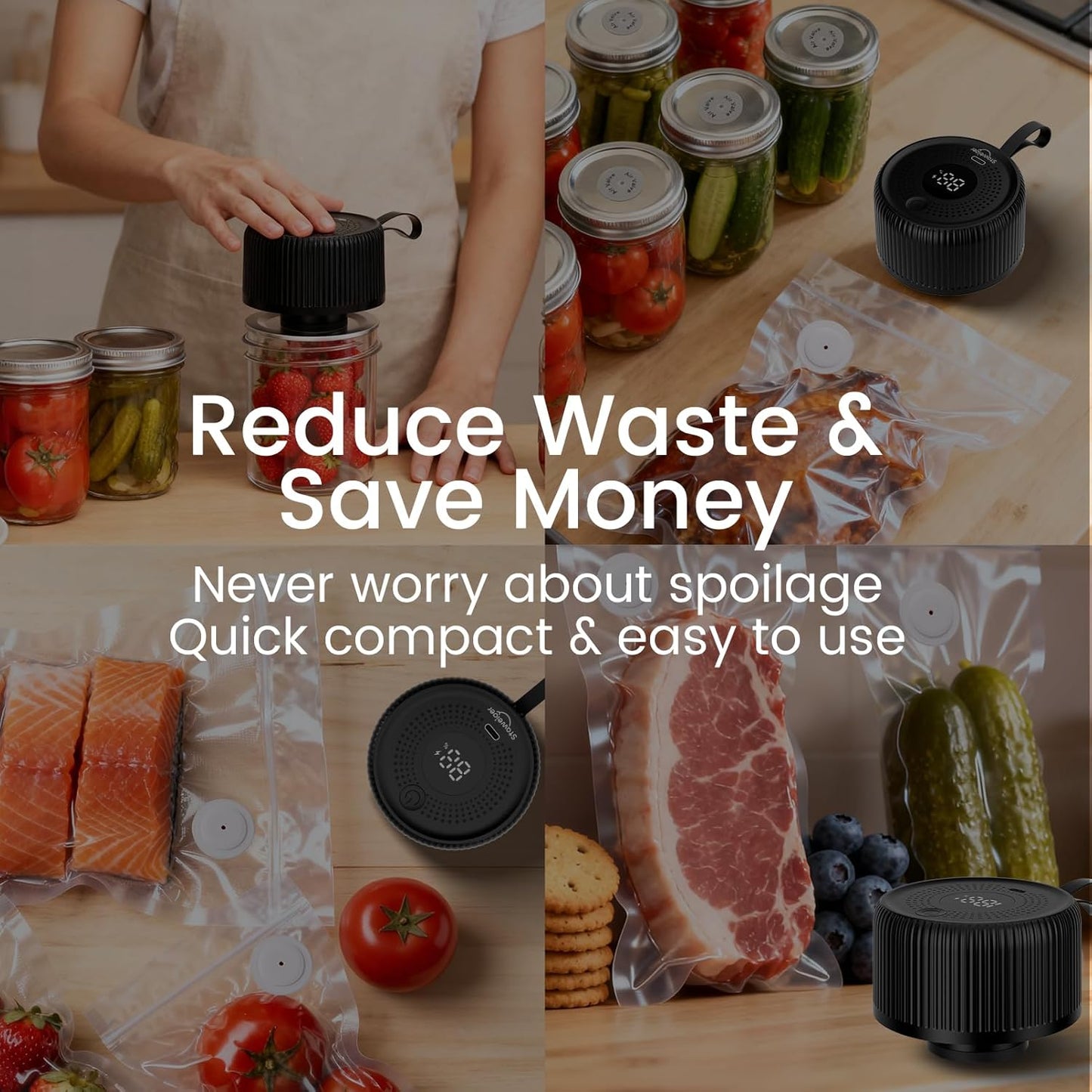 Skiennix Electric Mason Jar Vacuum Sealer Kit - Upgraded One-Touch Cordless Food Sealer for Wide & Regular Jars