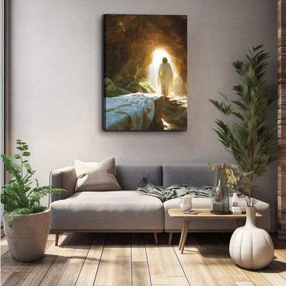 Jesus Canvas Wall Art - Resurrected Savior Leaves the Tomb | 12x16 Inch Christian Decor