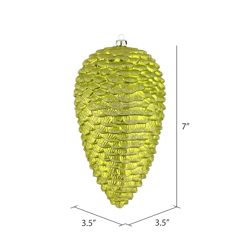 Lime Matte Glitter Pinecone Christmas Ornament – 7", Pack of 4, Shatterproof Plastic