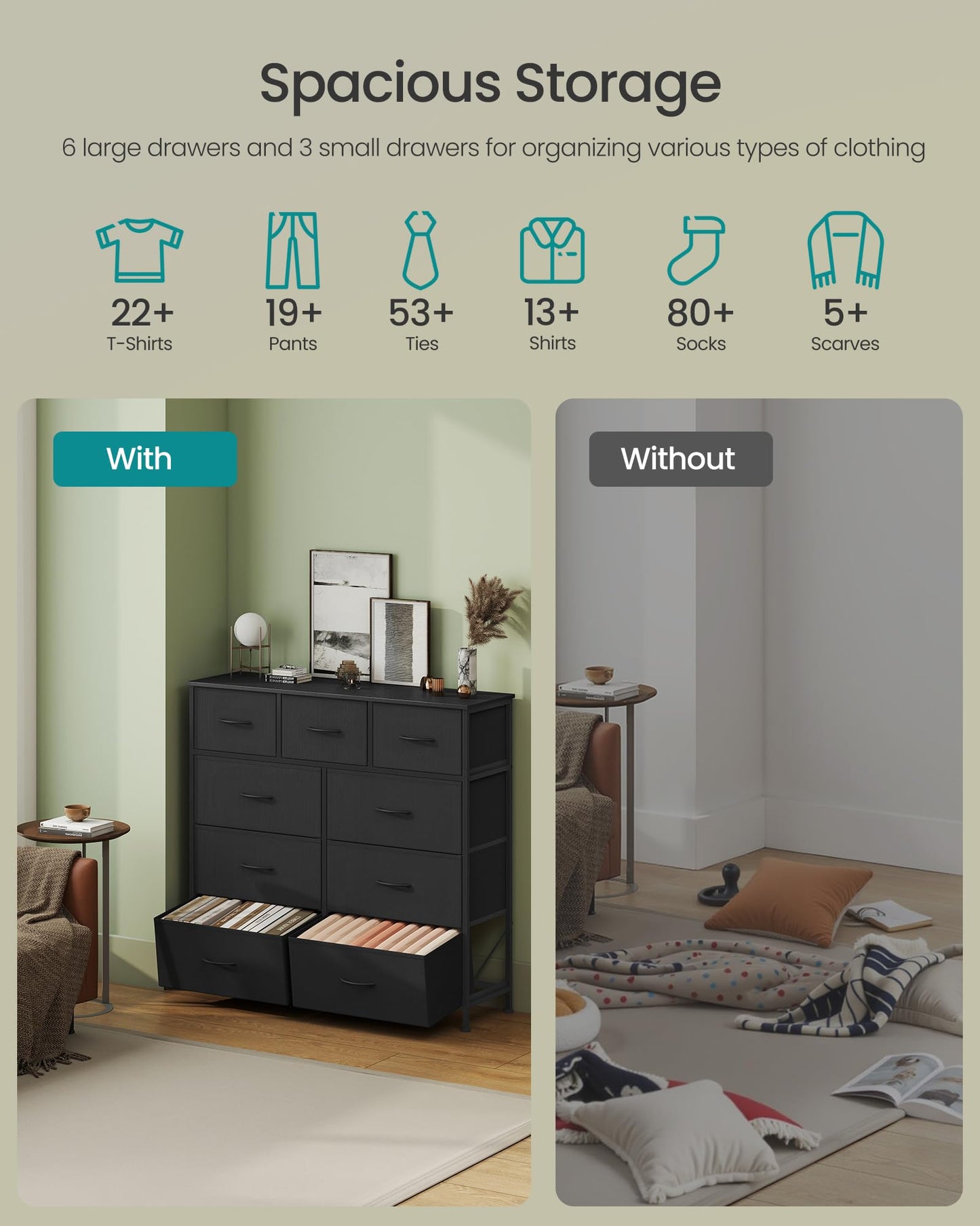 SONGMICS Dresser for Bedroom, Chest of Drawers, Steel, MDF, 9 Non-Woven Fabric Drawers, Storage Organizer Unit, Closet, Entryway, Ink Black and Ebony Black ULGS324B01S