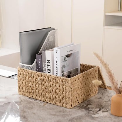 OIAHOMY Wicker Storage Baskets - Lidded Organizing Bins with Lock | Set of 2 in Natural Color