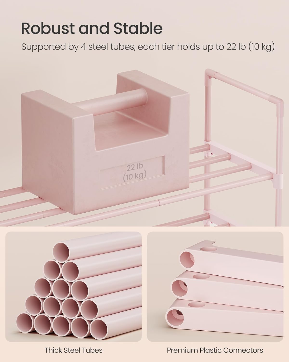 SONGMICS 3-Tier Shoe Rack - Stackable Metal Organizer for 16-20 Pairs | Jelly Pink, 11.8 x 36.2 x 21.7 Inches