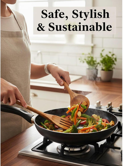 Skiennix 8-Piece Natural Teak Wood Utensil Set - Eco-Friendly Nonstick Cooking Spoons & Spatulas