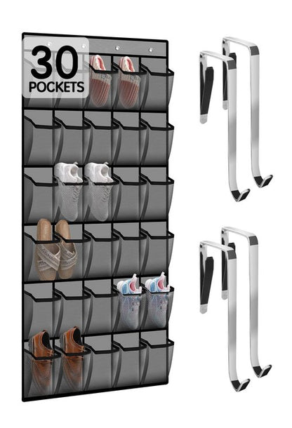Kotkn Over the Door Shoe Organizer with 30 Breathable Mesh Pockets - Large Capacity Closet Storage for Men & Women, Hanging Shoe Rack Organizer (Gray)