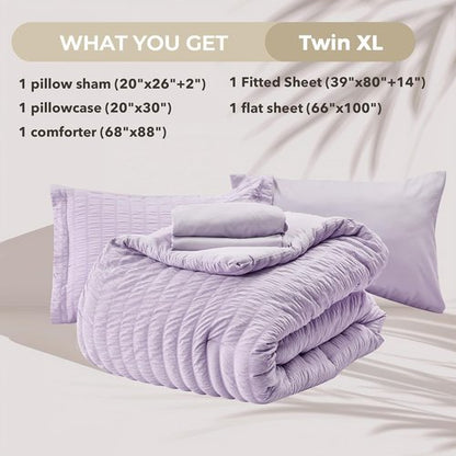 HYMOKEGE Twin XL Comforter Set - Luxury Seersucker 5-Piece Bedding Set in Lavender for All Seasons