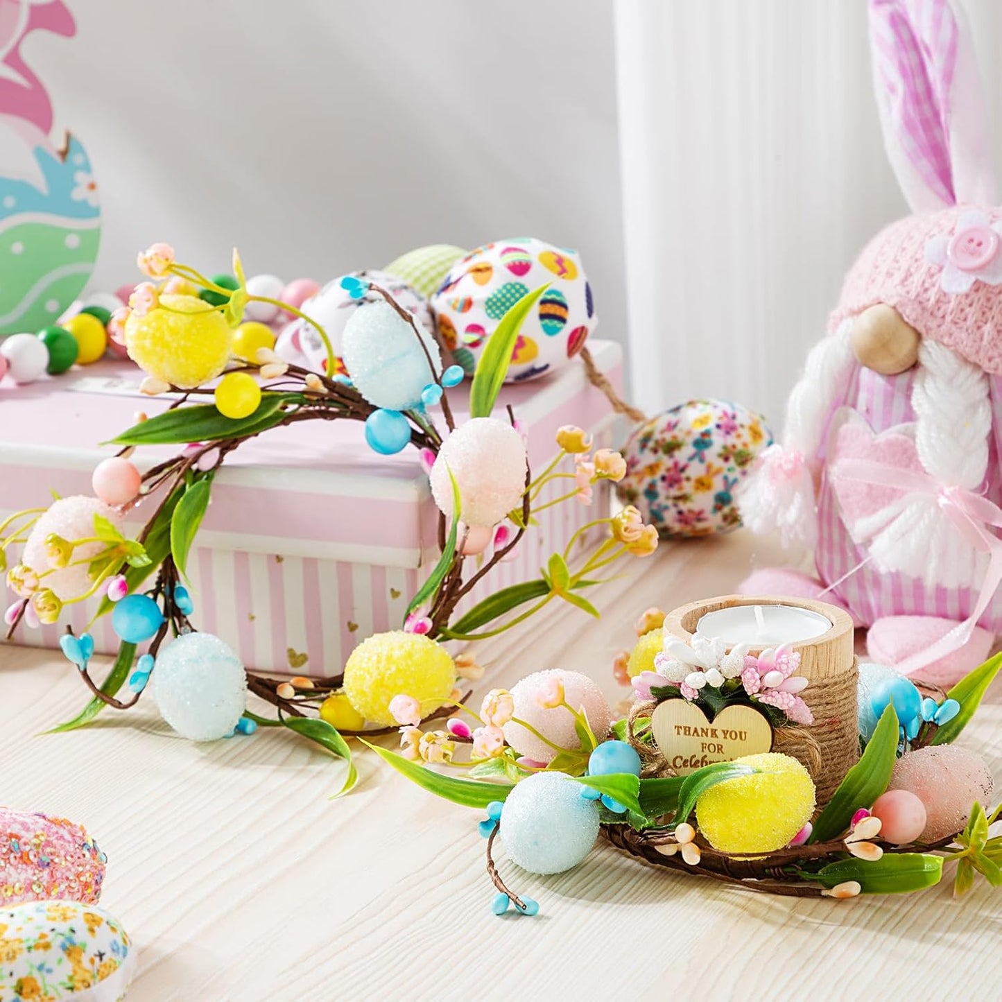 XunYee Easter Egg Candle Rings - 4 Pcs Mini Pastel Berry Floral Wreaths for Dining Table Decor