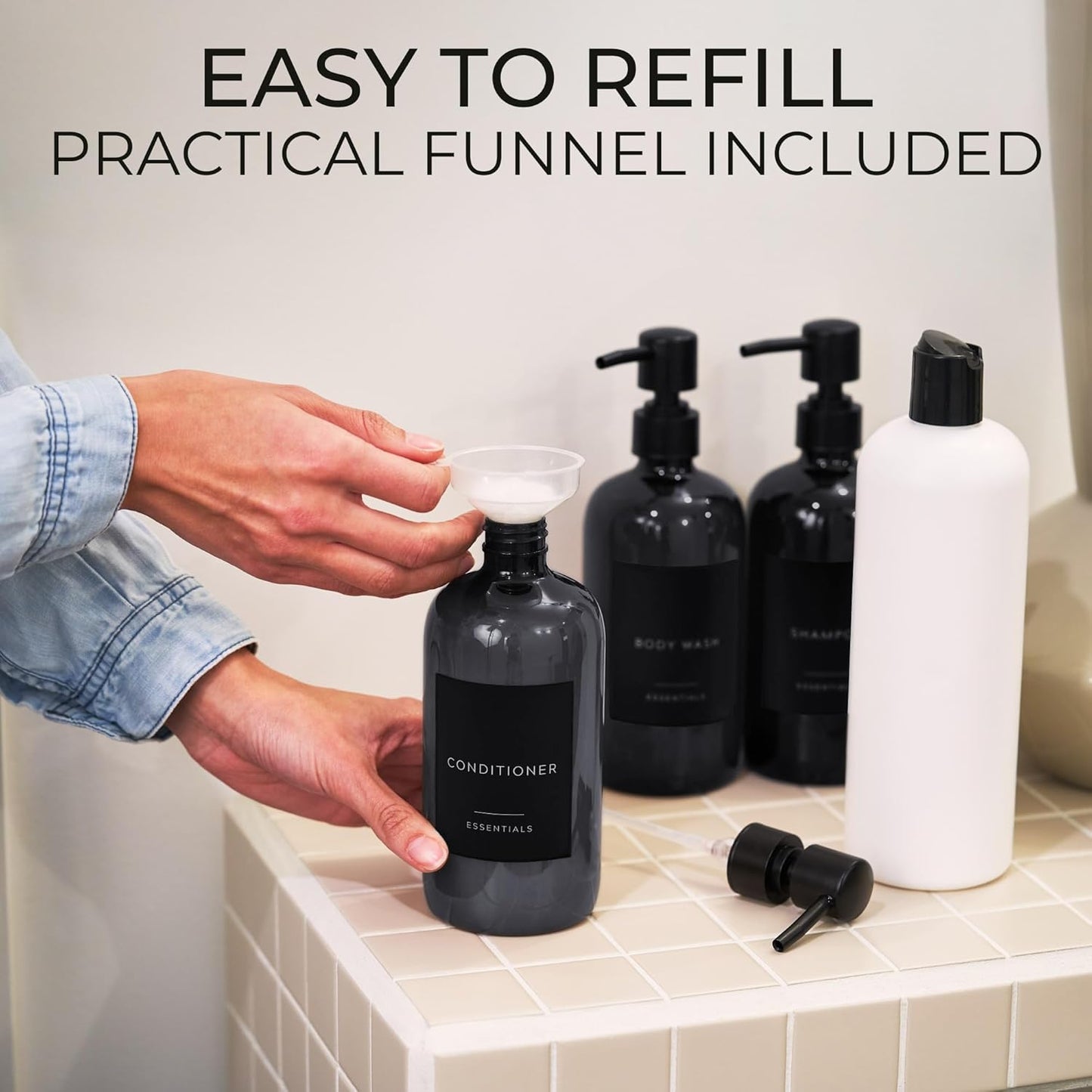 Stylish Shampoo and Conditioner Dispenser Set - Modern 21oz Black Shower Soap Bottles with Pump & Labels