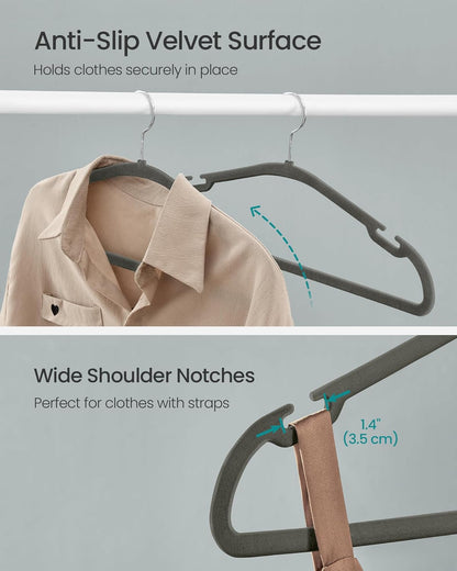 SONGMICS Velvet Hangers - Non-Slip 50 Pack with 360° Swivel Hook & Wide Shoulder Notches - Gray