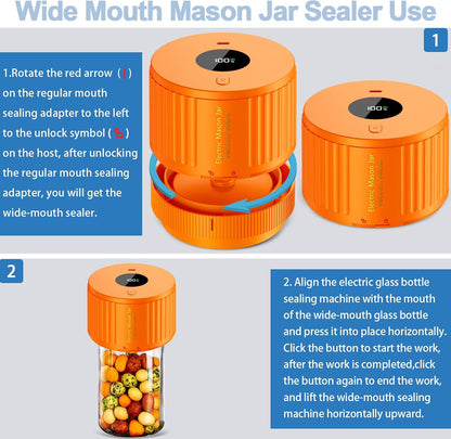 Skiennix Electric Mason Jar Vacuum Sealer Kit - Ideal for Wide & Regular Mouth Jars | Orange