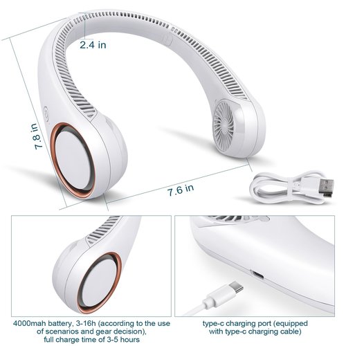 CIVPOWER Neck Fan: Portable Personal Neck Cooling Rechargeable Bladeless Fan - Hands Free 3 Speed 4000 mAh Battery USB Operated Wearable Headphone Design - Gift for Men Women Outdoor (White)
