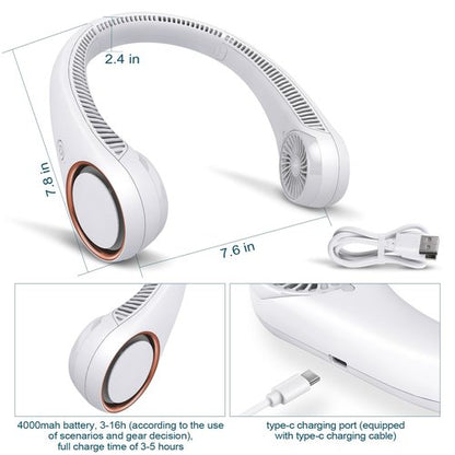 CIVPOWER Neck Fan: Portable Personal Neck Cooling Rechargeable Bladeless Fan - Hands Free 3 Speed 4000 mAh Battery USB Operated Wearable Headphone Design - Gift for Men Women Outdoor (White)