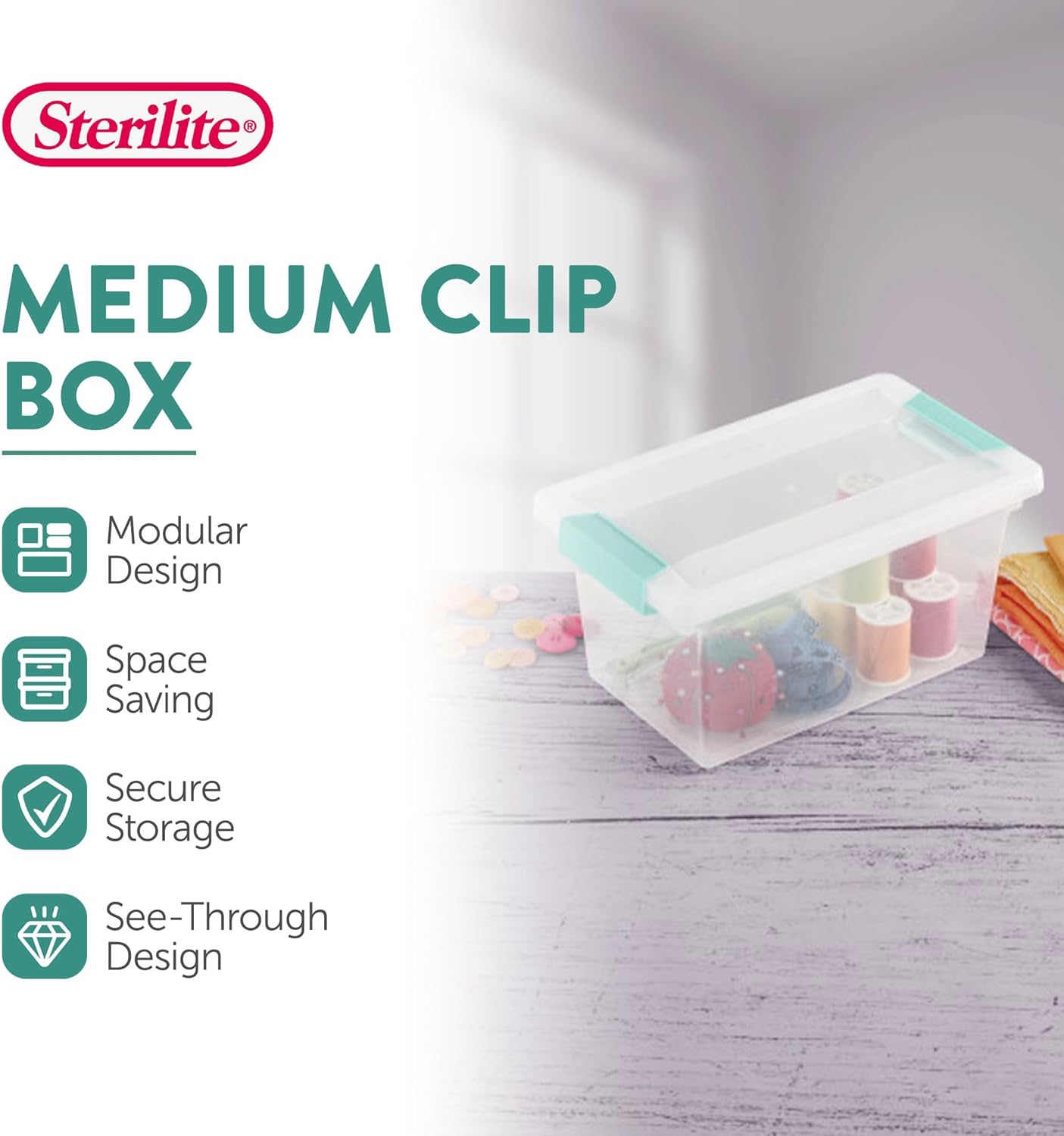 Sterilite Medium Clip Box - Stackable Storage Bin with Latching Lid for Organizing Crafts & Papers | Clear