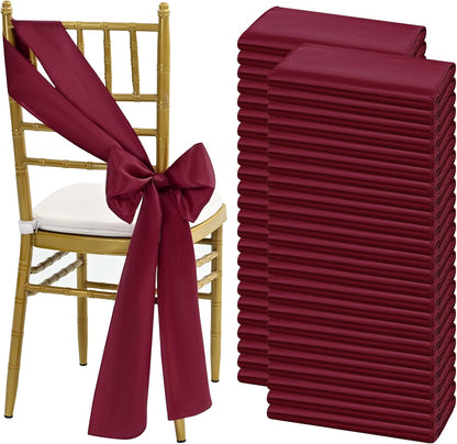 Skiennix 100 PCS Satin Chair Sashes - Burgundy Decorative Ribbon Ties for Weddings & Events | 7 x 108 Inch