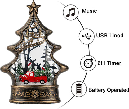 Skiennix Snow Globe Lantern - 11.5 Inch Musical Christmas Tree Figurine with Red Truck & Glitter