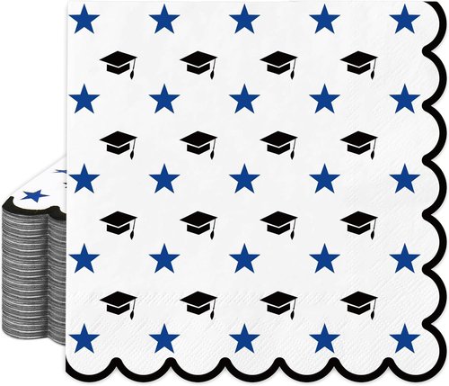FYSUIMU Graduation Cap Napkins - 100 Pcs Scalloped Disposable Dinner Napkins | Black & Blue Star Design